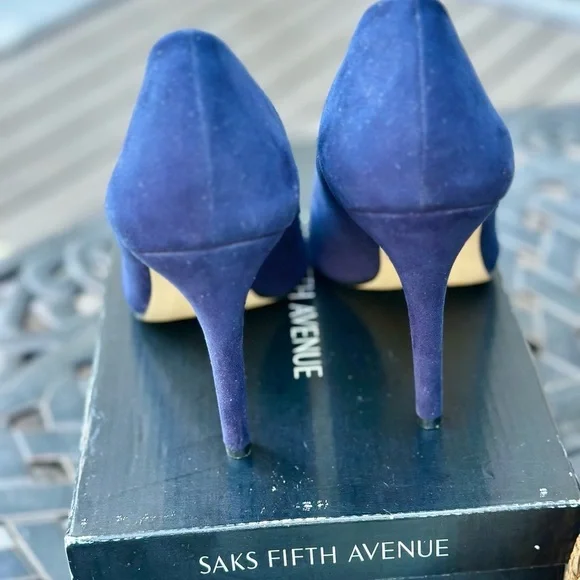 Saks Fifth Avenue Navy Blue Suede Heels - Picture 3 of 9